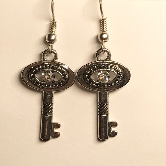 Key Earrings Silver Tone Plated Crystal Padlock Lock Steampunk Vintage Style - Picture 6 of 9